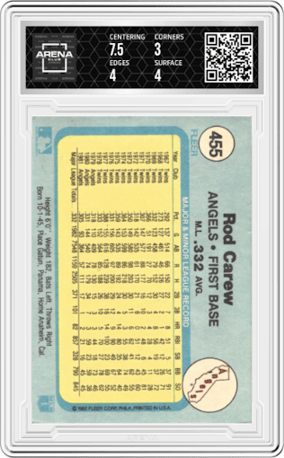 Rod Carew from the 1982 Fleer set graded by Arena Club and given an overall grade of 3.5.