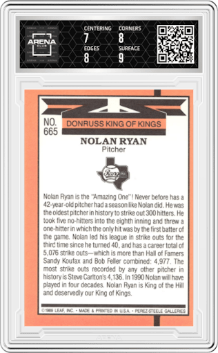 Nolan Ryan from the 1990 Donruss set graded by Arena Club and given an overall grade of 7.5.
