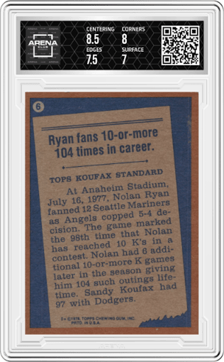 Nolan Ryan from the 1978 Topps set graded by Arena Club and given an overall grade of 7.5.