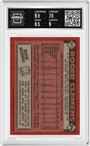 Roger Clemens from the 1986 Topps set graded by Arena Club and given an overall grade of 8.