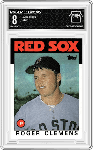 Roger Clemens from the 1986 Topps set graded by Arena Club and given an overall grade of 8.