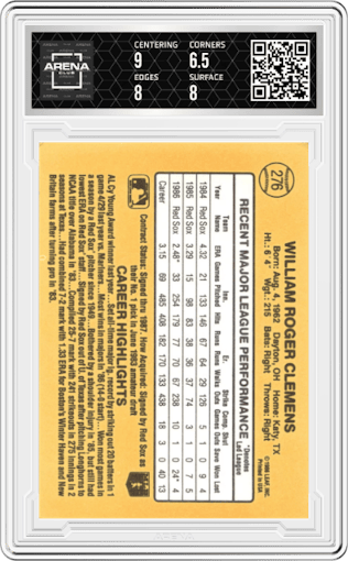Roger Clemens from the 1987 Donruss set graded by Arena Club and given an overall grade of 7.