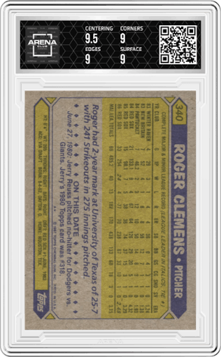 Roger Clemens from the 1987 Topps set graded by Arena Club and given an overall grade of 9.