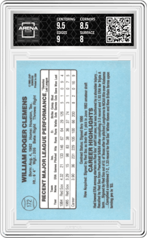 Roger Clemens from the 1986 Donruss set graded by Arena Club and given an overall grade of 8.5.