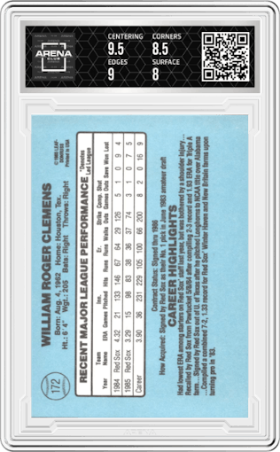 Roger Clemens from the 1986 Donruss set graded by Arena Club and given an overall grade of 8.5.