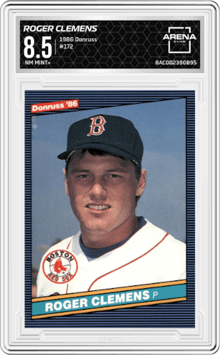 Roger Clemens from the 1986 Donruss set graded by Arena Club and given an overall grade of 8.5.