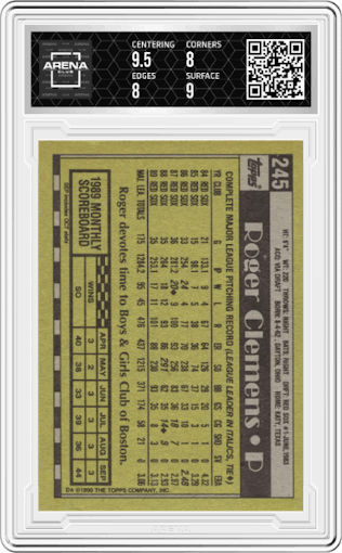 Roger Clemens from the 1990 Topps set graded by Arena Club and given an overall grade of 8.5.
