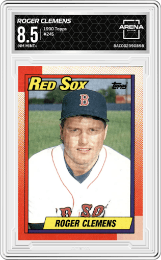 Roger Clemens from the 1990 Topps set graded by Arena Club and given an overall grade of 8.5.