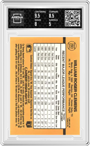 Roger Clemens from the 1989 Donruss set featuring a Variation parallel graded by Arena Club and given an overall grade of 5.5.