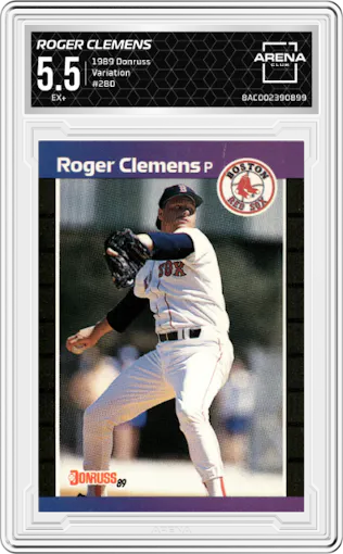 Roger Clemens from the 1989 Donruss set featuring a Variation parallel graded by Arena Club and given an overall grade of 5.5.