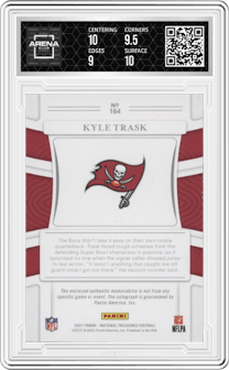 Kyle Trask from the 2021 Panini National Treasures set featuring a Stars and Stripes Holo Silver parallel graded by Arena Club and given an overall grade of 9.5.