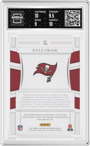 Kyle Trask from the 2021 Panini National Treasures set featuring a Stars and Stripes Holo Silver parallel graded by Arena Club and given an overall grade of 9.5.