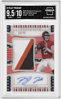 Kyle Trask from the 2021 Panini National Treasures set featuring a Stars and Stripes Holo Silver parallel graded by Arena Club and given an overall grade of 9.5.