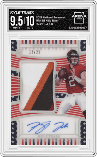 Kyle Trask from the 2021 Panini National Treasures set featuring a Stars and Stripes Holo Silver parallel graded by Arena Club and given an overall grade of 9.5.