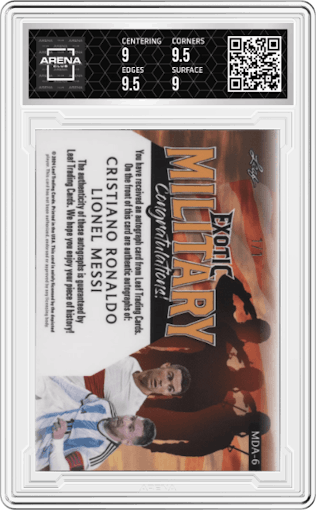 Cristiano Ronaldo/Lionel Messi from the 2024 Leaf Metal Exotic Military set graded by Arena Club and given an overall grade of 9.5.