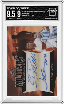 Cristiano Ronaldo/Lionel Messi from the 2024 Leaf Metal Exotic Military set graded by Arena Club and given an overall grade of 9.5.