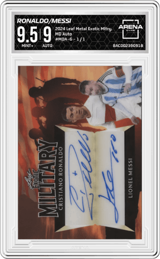 Cristiano Ronaldo/Lionel Messi from the 2024 Leaf Metal Exotic Military set graded by Arena Club and given an overall grade of 9.5.
