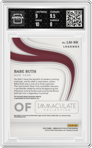 Babe Ruth from the 2023 Panini Immaculate Collection set graded by Arena Club and given an overall grade of 8.5.