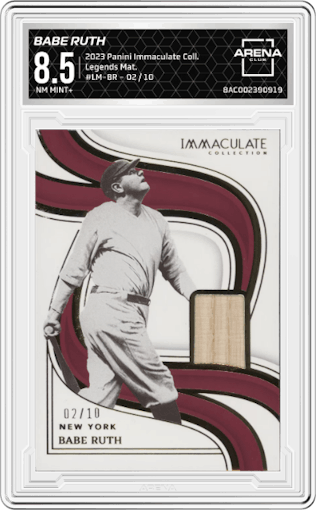 Babe Ruth from the 2023 Panini Immaculate Collection set graded by Arena Club and given an overall grade of 8.5.