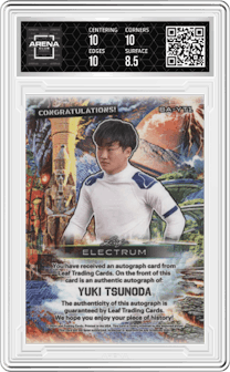 	Yuki Tsunoda from the 2024 Leaf Electrum set featuring a Purple Crystals parallel graded by Arena Club and given an overall grade of 9.