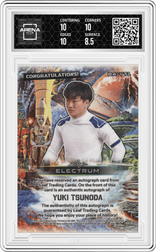 	Yuki Tsunoda from the 2024 Leaf Electrum set featuring a Purple Crystals parallel graded by Arena Club and given an overall grade of 9.