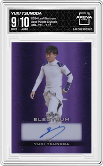 	Yuki Tsunoda from the 2024 Leaf Electrum set featuring a Purple Crystals parallel graded by Arena Club and given an overall grade of 9.