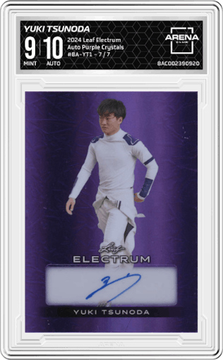 	Yuki Tsunoda from the 2024 Leaf Electrum set featuring a Purple Crystals parallel graded by Arena Club and given an overall grade of 9.