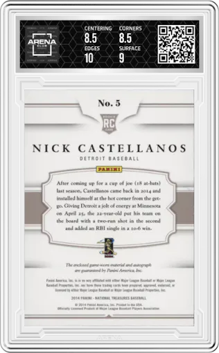 Nick Castellanos from the 2014 Panini National Treasures set graded by Arena Club and given an overall grade of 9.