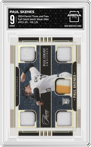 Paul Skenes from the 2024 Panini Three and Two set featuring a Silver parallel graded by Arena Club and given an overall grade of 9.