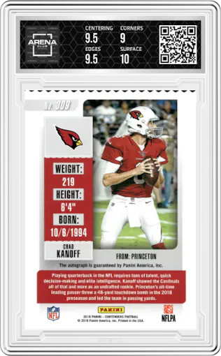 Chad Kanoff from the 2018 Panini Contenders set graded by Arena Club and given an overall grade of 9.5.