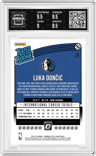 Luka Doncic from the 2018-19 Panini Donruss Optic set graded by Arena Club and given an overall grade of 9.