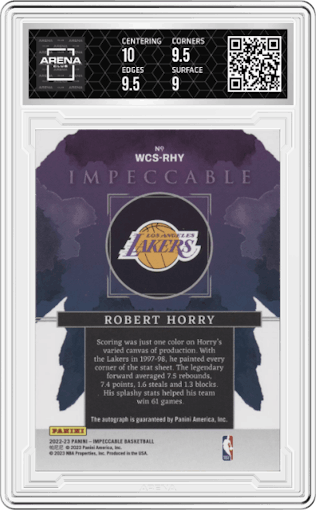 Robert Horry from the 2022-23 Panini Impeccable set featuring a Holo Silver parallel graded by Arena Club and given an overall grade of 9.5.