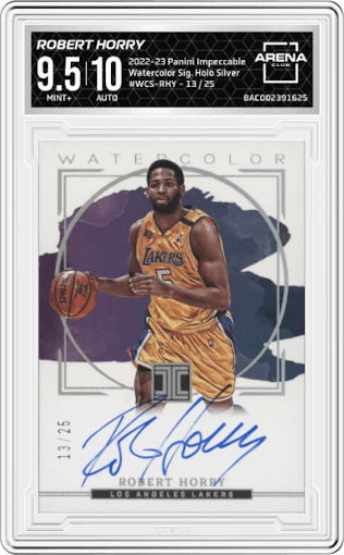 Robert Horry from the 2022-23 Panini Impeccable set featuring a Holo Silver parallel graded by Arena Club and given an overall grade of 9.5.