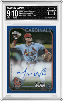 Masyn Winn from the 2024 Topps Chrome set featuring a Blue Refractor parallel graded by Arena Club and given an overall grade of 9.