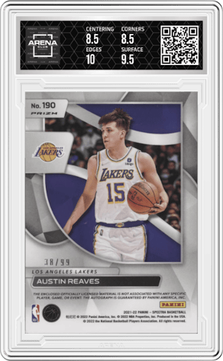 Austin Reaves from the 2021-22 Panini Spectra set featuring a Celestial parallel graded by Arena Club and given an overall grade of 9.