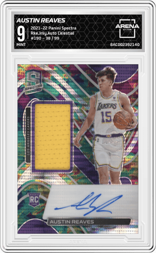 Austin Reaves from the 2021-22 Panini Spectra set featuring a Celestial parallel graded by Arena Club and given an overall grade of 9.