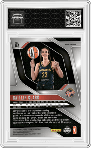 Caitlin Clark from the 2024 Panini Prizm WNBA set featuring a Silver Prizm parallel graded by Arena Club.