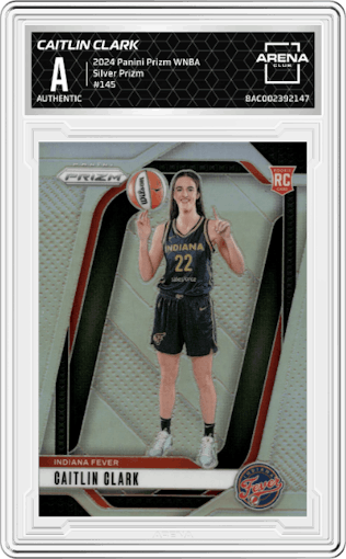 Caitlin Clark from the 2024 Panini Prizm WNBA set featuring a Silver Prizm parallel graded by Arena Club.