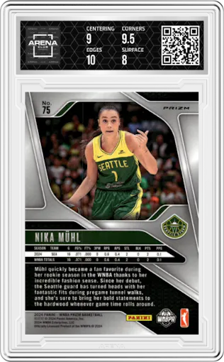 Nika Muhl from the 2024 Panini Prizm WNBA set featuring a Snake Skin parallel graded by Arena Club and given an overall grade of 8.5.