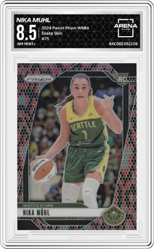 Nika Muhl from the 2024 Panini Prizm WNBA set featuring a Snake Skin parallel graded by Arena Club and given an overall grade of 8.5.