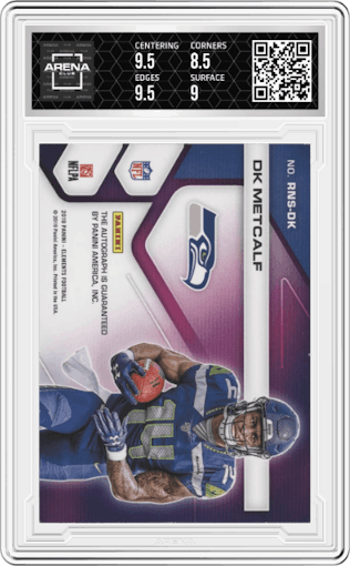 DK Metcalf from the 2019 Panini Elements set featuring a Orange parallel graded by Arena Club and given an overall grade of 9.