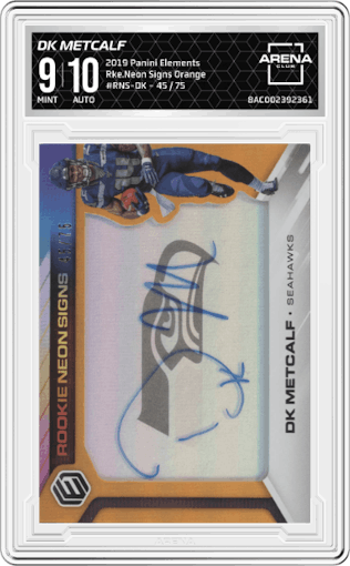 DK Metcalf from the 2019 Panini Elements set featuring a Orange parallel graded by Arena Club and given an overall grade of 9.