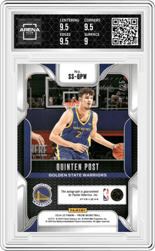 Quinten Post from the 2024-25 Panini Prizm set featuring a Blue Shimmer Prizms FOTL parallel graded by Arena Club and given an overall grade of 9.5.