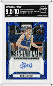 Quinten Post from the 2024-25 Panini Prizm set featuring a Blue Shimmer Prizms FOTL parallel graded by Arena Club and given an overall grade of 9.5.