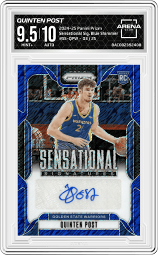 Quinten Post from the 2024-25 Panini Prizm set featuring a Blue Shimmer Prizms FOTL parallel graded by Arena Club and given an overall grade of 9.5.