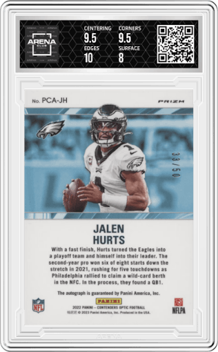 Jalen Hurts from the 2022 Panini Contenders Optic set graded by Arena Club and given an overall grade of 8.5.
