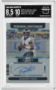 Jalen Hurts from the 2022 Panini Contenders Optic set graded by Arena Club and given an overall grade of 8.5.