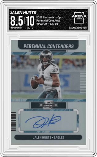 Jalen Hurts from the 2022 Panini Contenders Optic set graded by Arena Club and given an overall grade of 8.5.