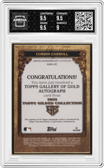 Corbin Carroll from the 2023 Topps Gilded Collection set graded by Arena Club and given an overall grade of 9.5.