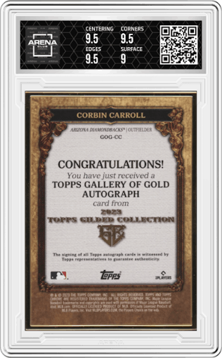 Corbin Carroll from the 2023 Topps Gilded Collection set graded by Arena Club and given an overall grade of 9.5.